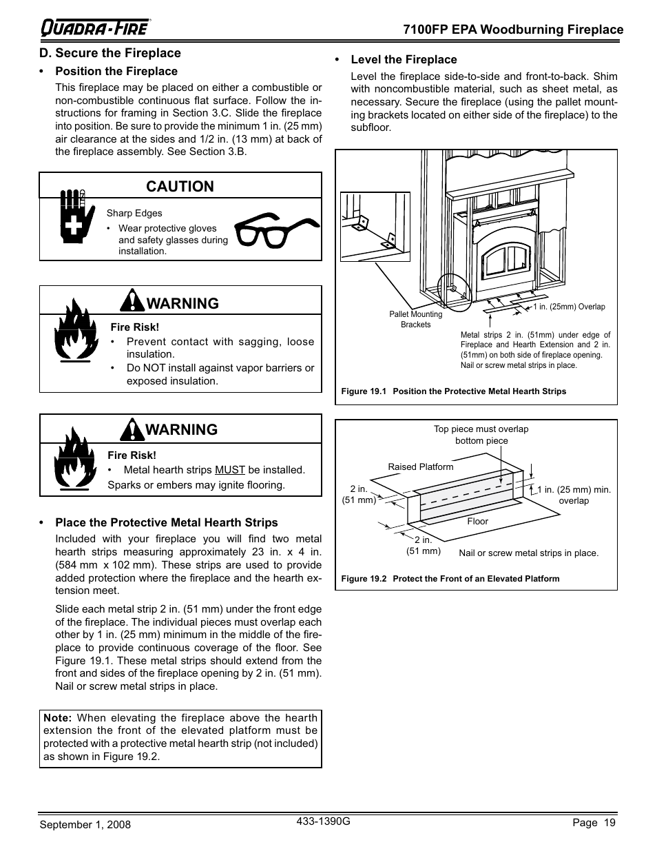 Warning, Caution, 7100fp epa woodburning fireplace | D. secure the fireplace | Hearth and Home Technologies EPA Certified Woodburning Fireplace 7100FP-GD-B User Manual | Page 19 / 72