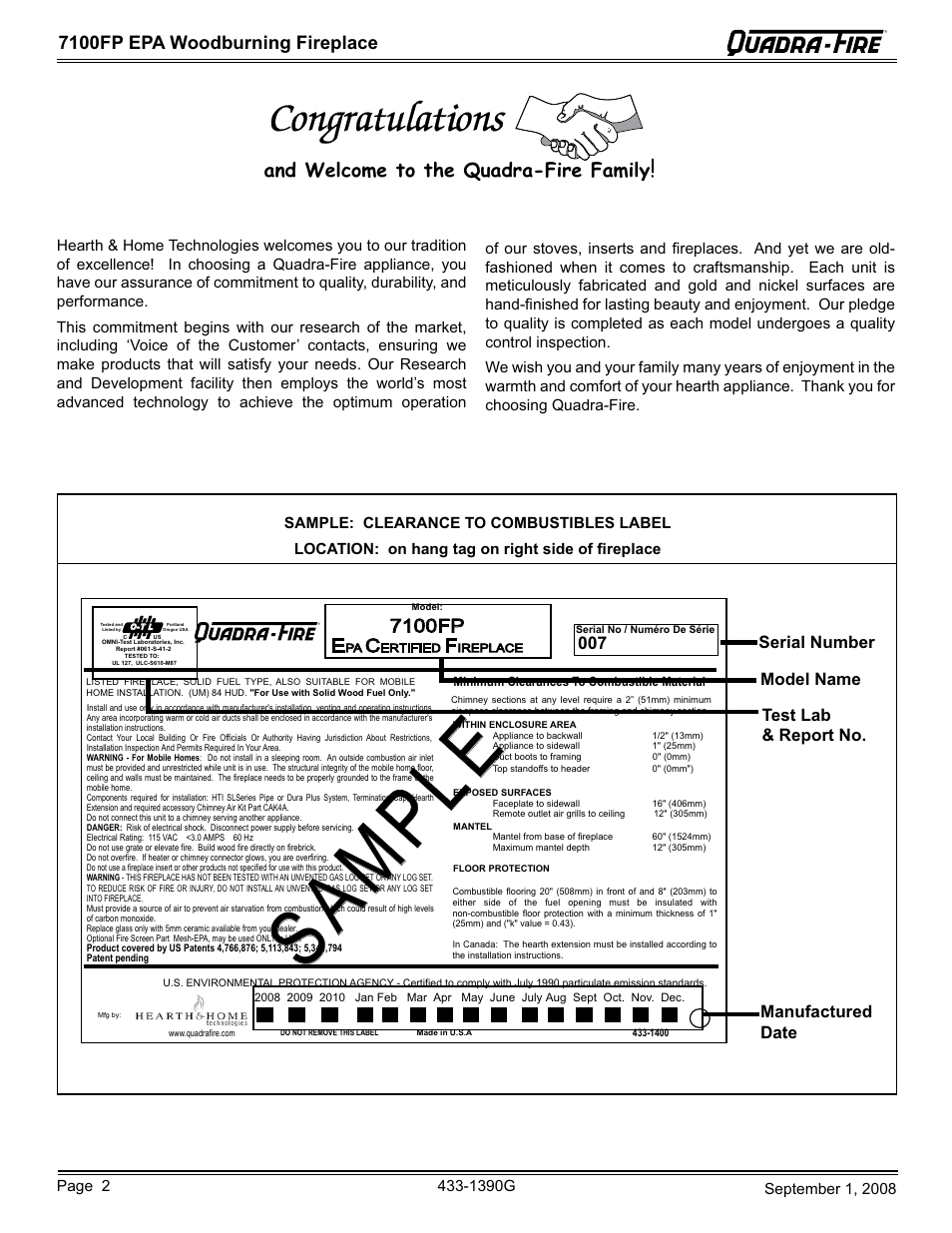 Sample, And welcome to the quadra-fire family, 7100fp | 7100fp epa woodburning fireplace | Hearth and Home Technologies EPA Certified Woodburning Fireplace 7100FP-GD-B User Manual | Page 2 / 72
