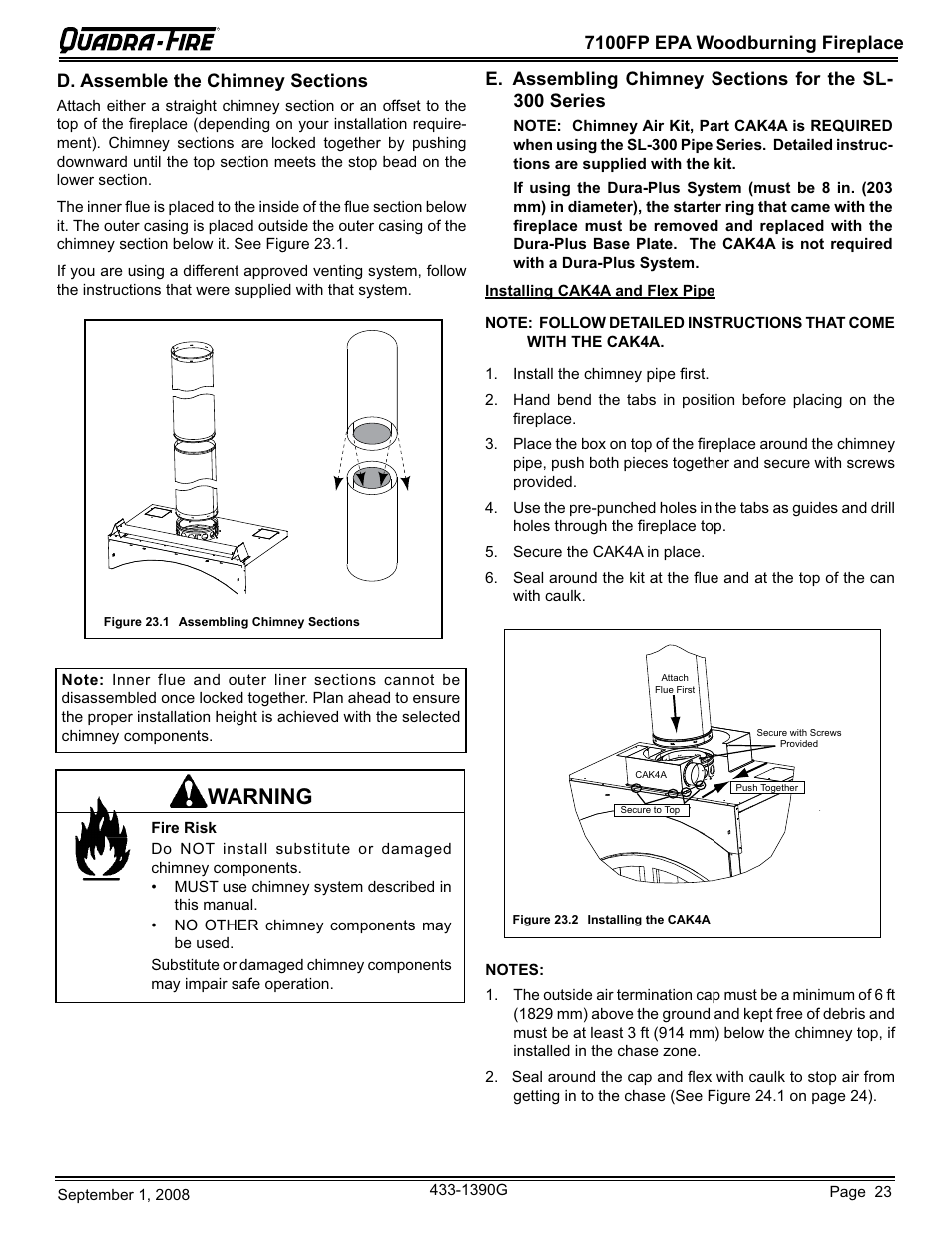 Warning, 7100fp epa woodburning fireplace | Hearth and Home Technologies EPA Certified Woodburning Fireplace 7100FP-GD-B User Manual | Page 23 / 72