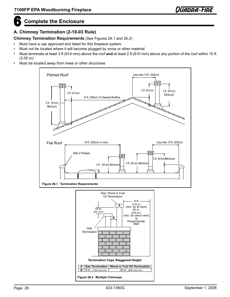 Complete the enclosure, 7100fp epa woodburning fireplace, Chimney termination requirements | Hearth and Home Technologies EPA Certified Woodburning Fireplace 7100FP-GD-B User Manual | Page 26 / 72