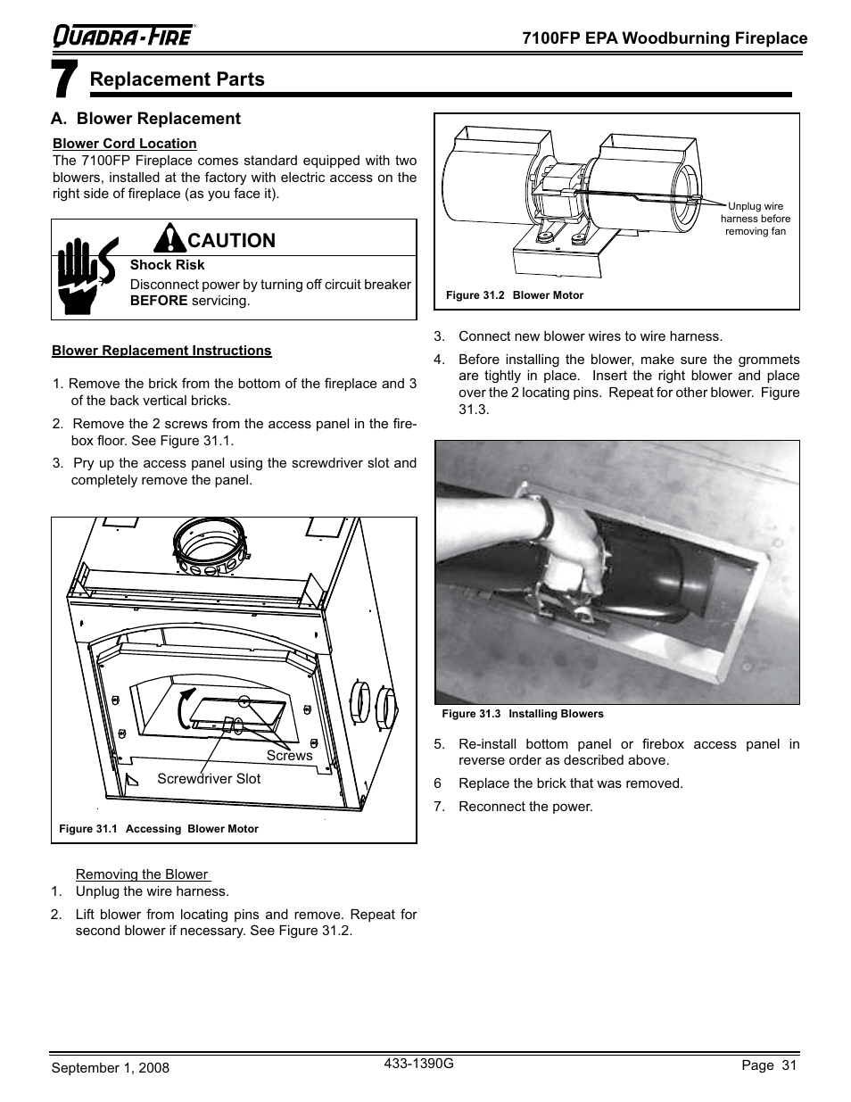 Replacement parts, Caution | Hearth and Home Technologies EPA Certified Woodburning Fireplace 7100FP-GD-B User Manual | Page 31 / 72