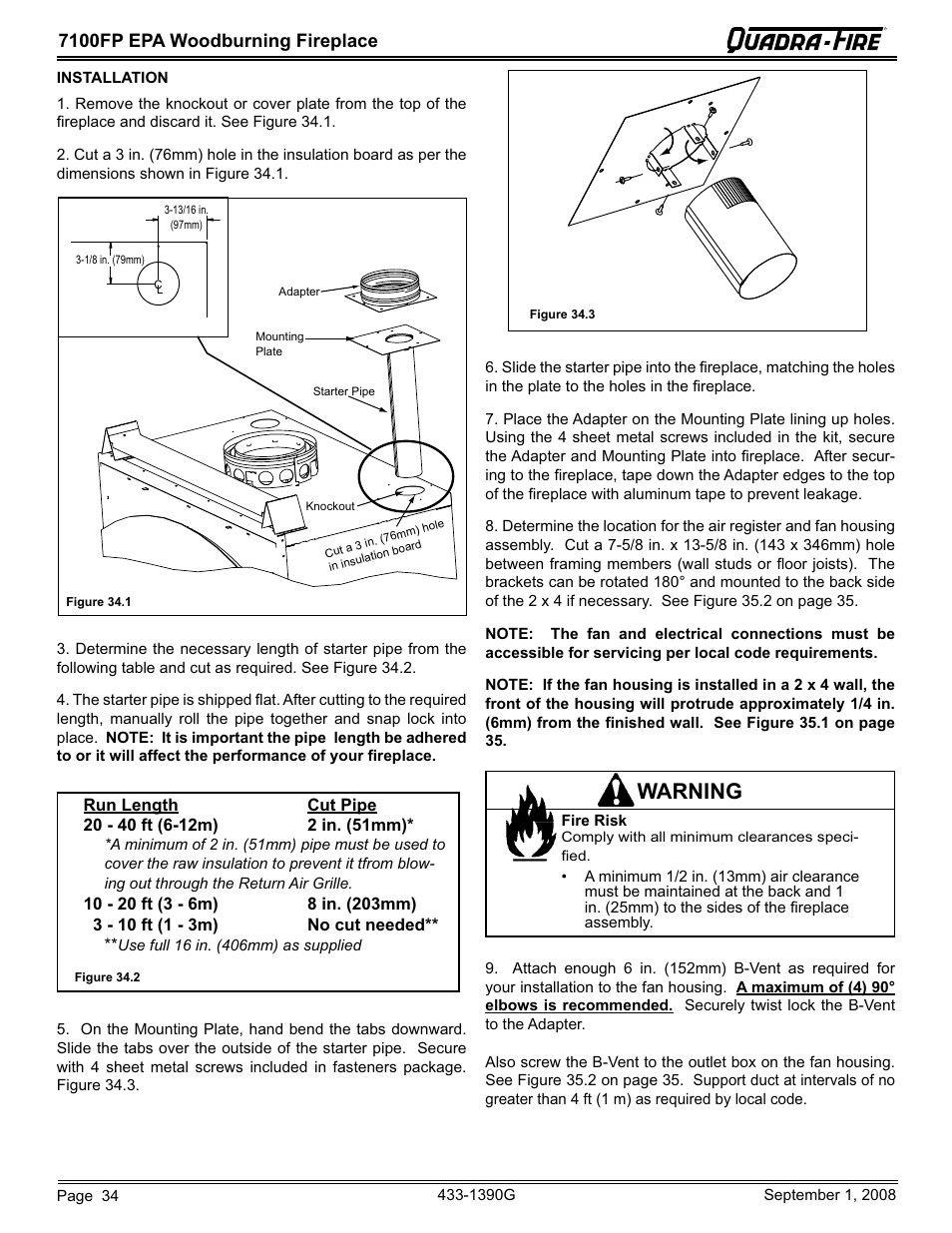 Warning, 7100fp epa woodburning fireplace | Hearth and Home Technologies EPA Certified Woodburning Fireplace 7100FP-GD-B User Manual | Page 34 / 72