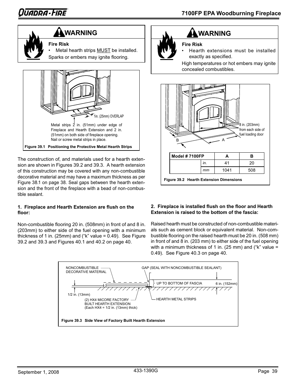 Warning, 7100fp epa woodburning fireplace | Hearth and Home Technologies EPA Certified Woodburning Fireplace 7100FP-GD-B User Manual | Page 39 / 72