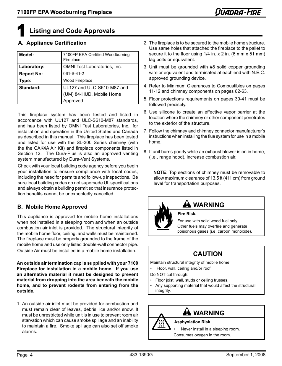 Listing and code approvals, Warning, Caution | Hearth and Home Technologies EPA Certified Woodburning Fireplace 7100FP-GD-B User Manual | Page 4 / 72