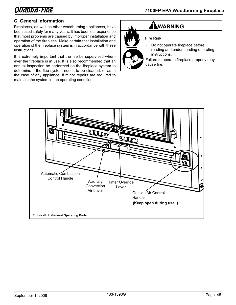 Warning | Hearth and Home Technologies EPA Certified Woodburning Fireplace 7100FP-GD-B User Manual | Page 45 / 72