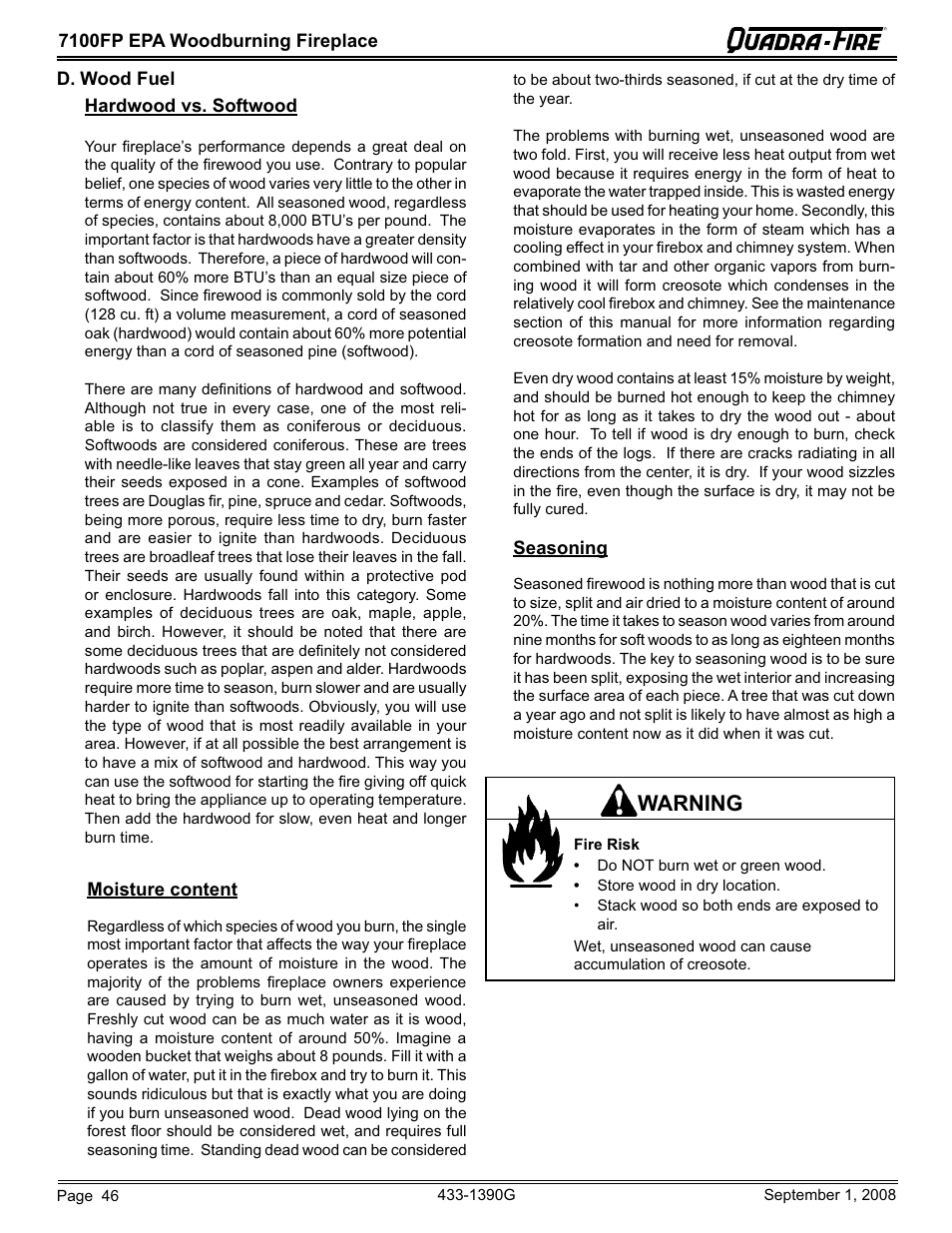 Warning | Hearth and Home Technologies EPA Certified Woodburning Fireplace 7100FP-GD-B User Manual | Page 46 / 72