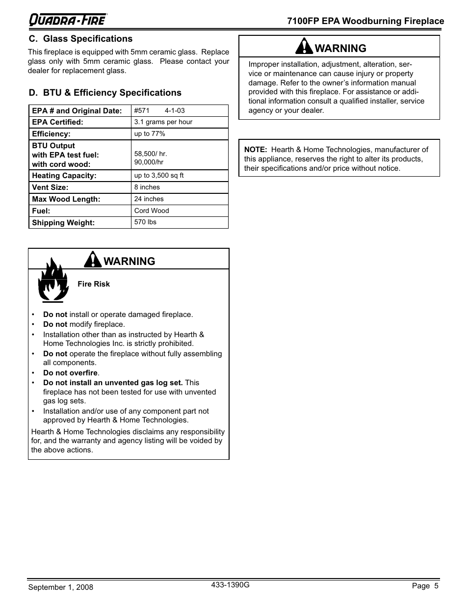 Warning | Hearth and Home Technologies EPA Certified Woodburning Fireplace 7100FP-GD-B User Manual | Page 5 / 72