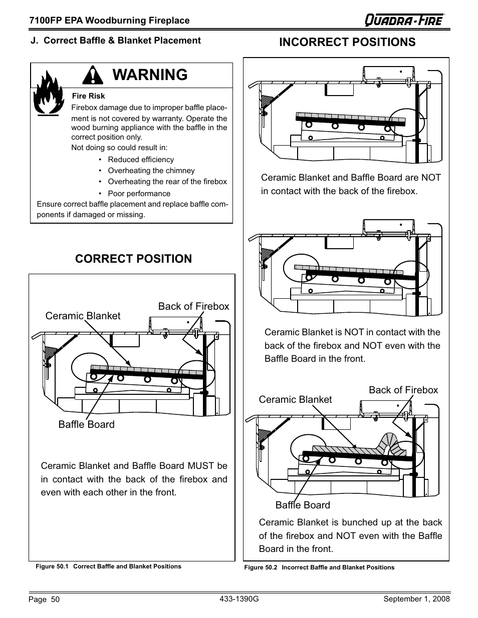 Warning, Correct position incorrect positions | Hearth and Home Technologies EPA Certified Woodburning Fireplace 7100FP-GD-B User Manual | Page 50 / 72