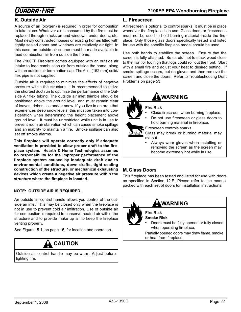 Warning caution, Warning | Hearth and Home Technologies EPA Certified Woodburning Fireplace 7100FP-GD-B User Manual | Page 51 / 72