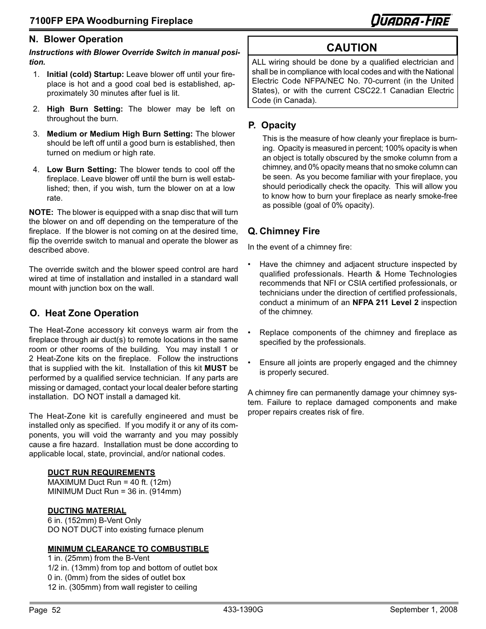 Caution | Hearth and Home Technologies EPA Certified Woodburning Fireplace 7100FP-GD-B User Manual | Page 52 / 72