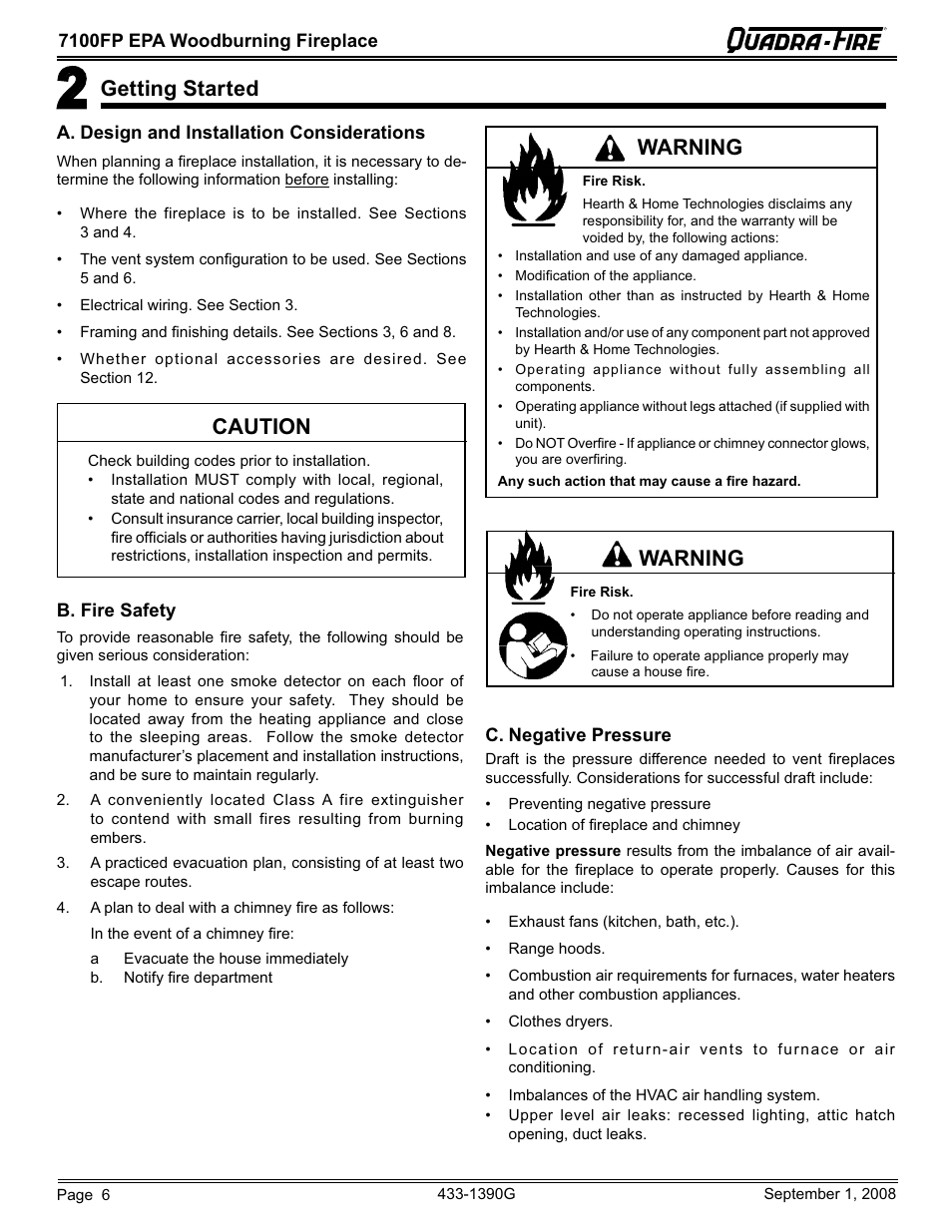 Getting started, Caution, Warning | Hearth and Home Technologies EPA Certified Woodburning Fireplace 7100FP-GD-B User Manual | Page 6 / 72