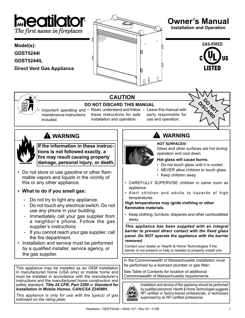 Hearth and Home Technologies Heatilator GDST5244I User Manual | 60 pages