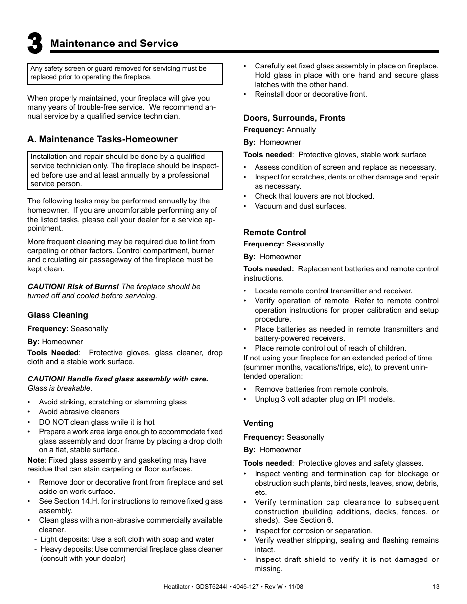 Maintenance and service | Hearth and Home Technologies Heatilator GDST5244I User Manual | Page 13 / 60