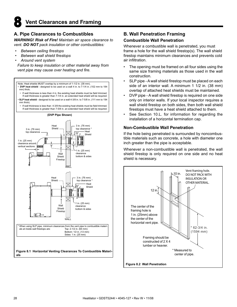 Vent clearances and framing, A. pipe clearances to combustibles, B. wall penetration framing | Combustible wall penetration, Non-combustible wall penetration | Hearth and Home Technologies Heatilator GDST5244I User Manual | Page 28 / 60