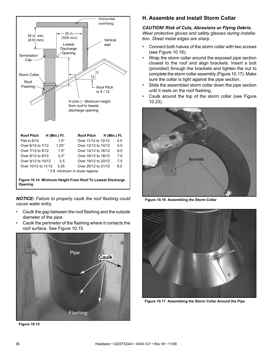 H. assemble and install storm collar, Caulk pipe flashing | Hearth and Home Technologies Heatilator GDST5244I User Manual | Page 36 / 60