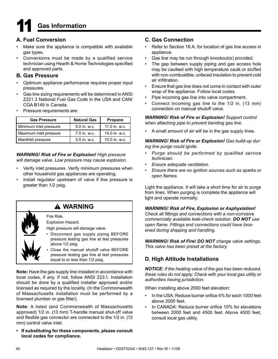 Gas information, Warning | Hearth and Home Technologies Heatilator GDST5244I User Manual | Page 40 / 60