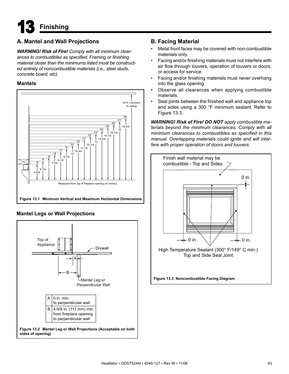 Finishing, A. mantel and wall projections, B. facing material | Mantels mantel legs or wall projections | Hearth and Home Technologies Heatilator GDST5244I User Manual | Page 43 / 60