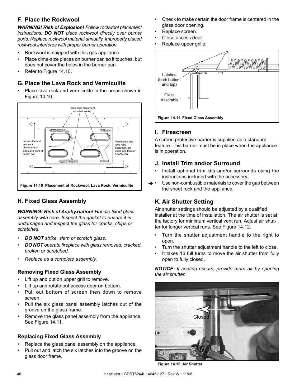 K. air shutter setting, H. fixed glass assembly, J. install trim and/or surround | F. place the rockwool, G. place the lava rock and vermiculite, I. firescreen | Hearth and Home Technologies Heatilator GDST5244I User Manual | Page 46 / 60