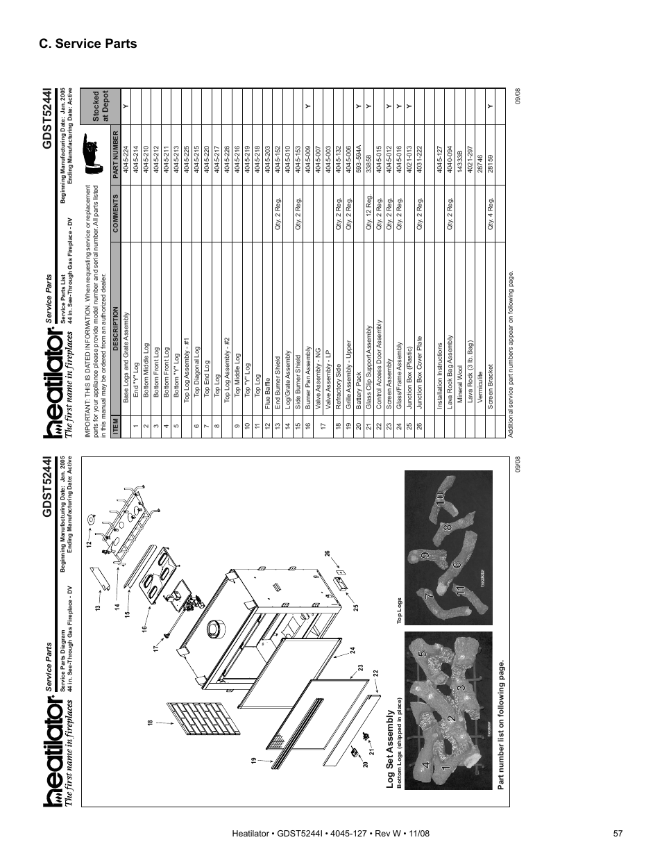 C. service parts, Gdst5244i, Log set assembly | Hearth and Home Technologies Heatilator GDST5244I User Manual | Page 57 / 60