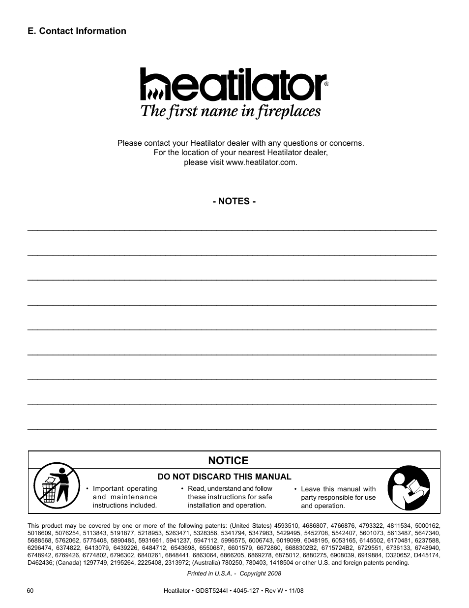 Notice | Hearth and Home Technologies Heatilator GDST5244I User Manual | Page 60 / 60