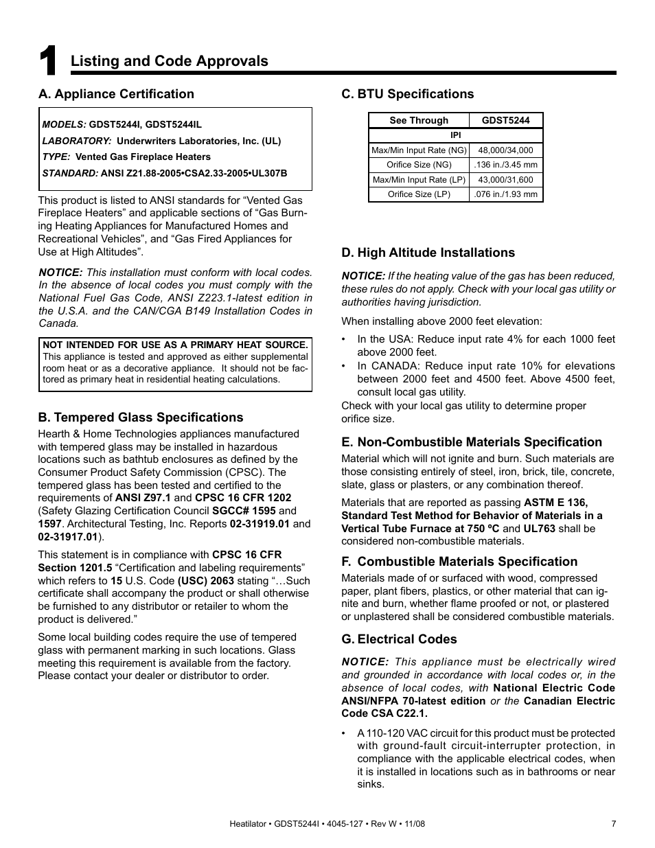 Listing and code approvals | Hearth and Home Technologies Heatilator GDST5244I User Manual | Page 7 / 60