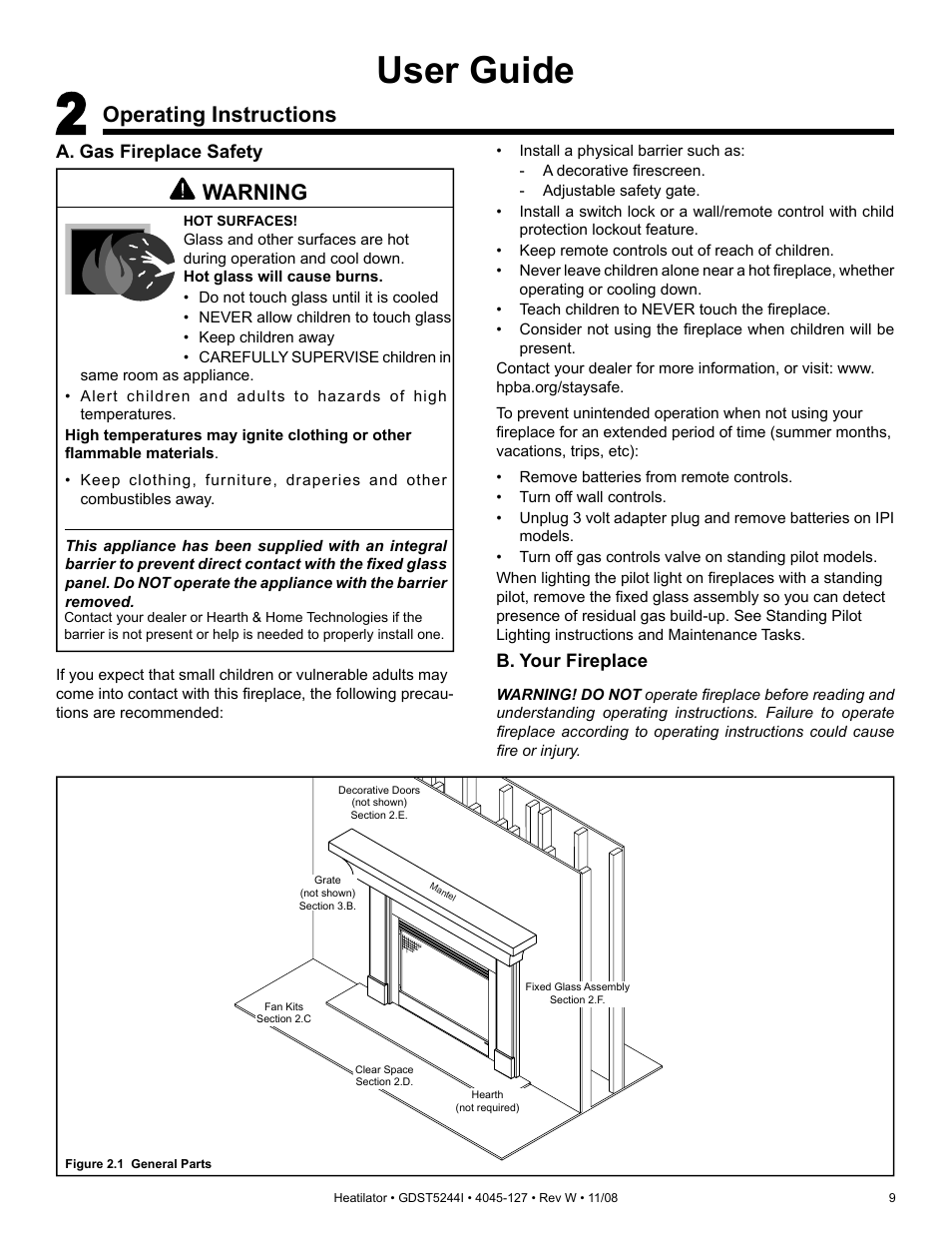 User guide, Operating instructions, Warning | Hearth and Home Technologies Heatilator GDST5244I User Manual | Page 9 / 60