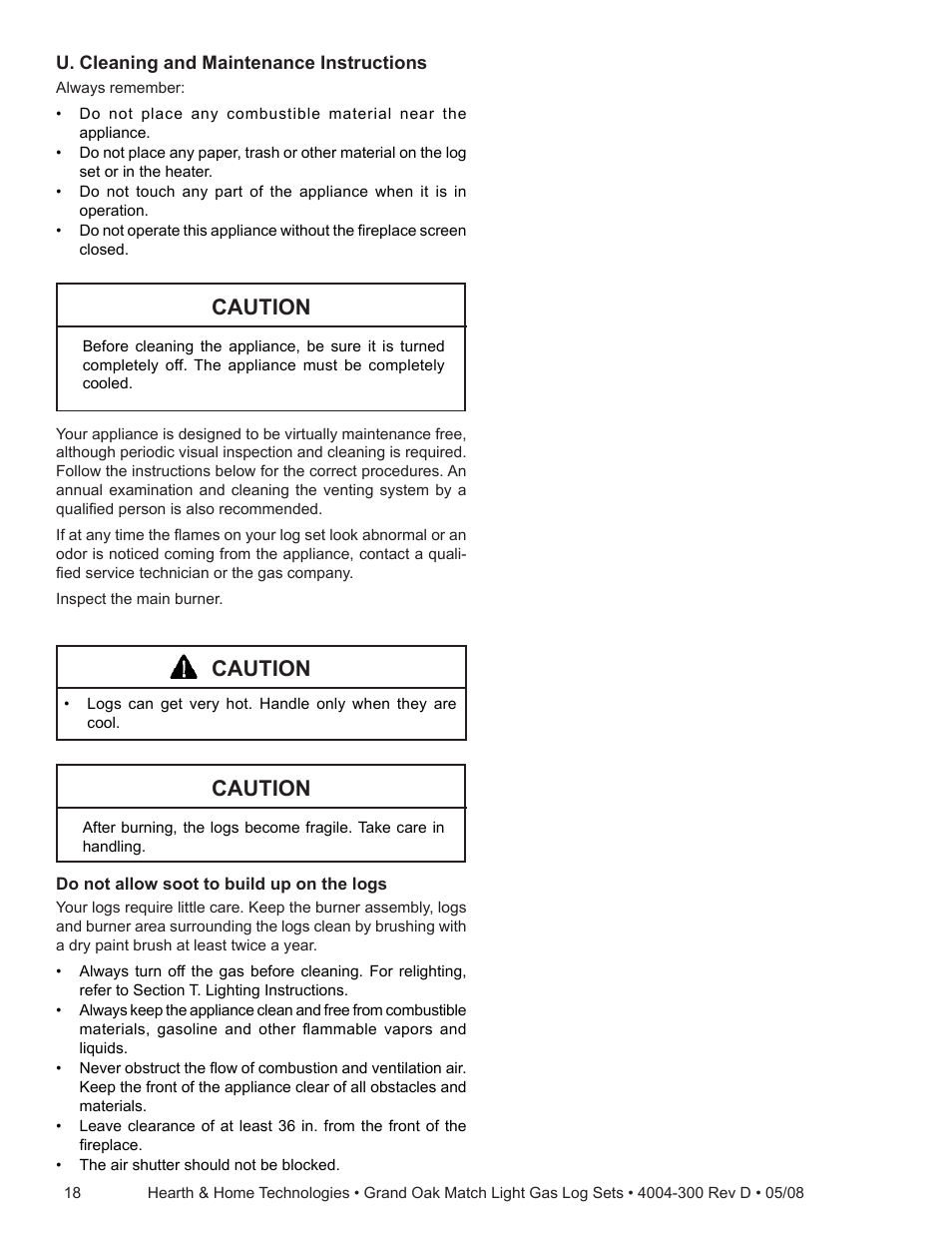 Caution | Hearth and Home Technologies GO35MTCH User Manual | Page 18 / 24