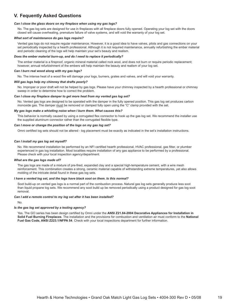 V. fequently asked questions | Hearth and Home Technologies GO35MTCH User Manual | Page 19 / 24