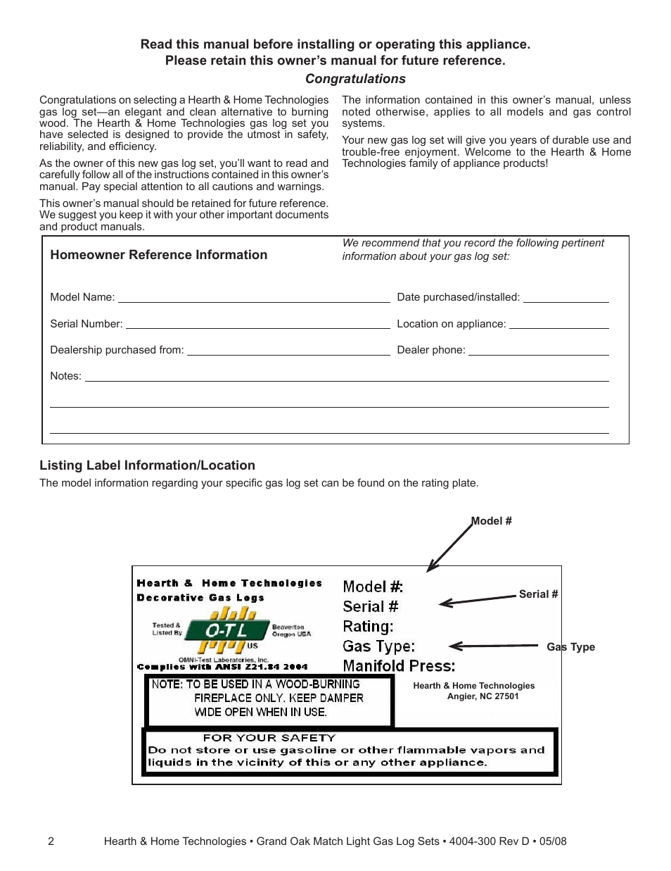 Hearth and Home Technologies GO35MTCH User Manual | Page 2 / 24