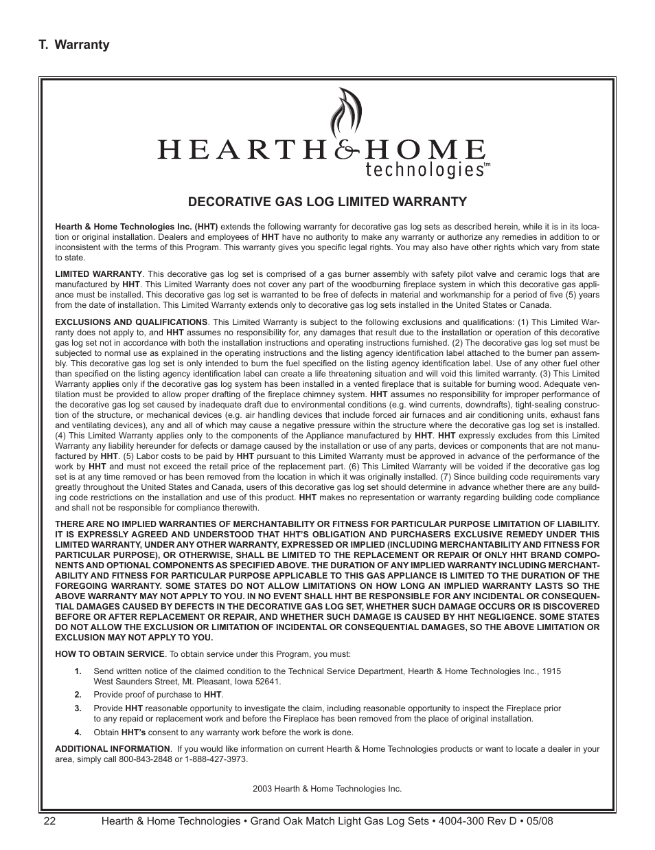 Decorative gas log limited warranty, T. warranty | Hearth and Home Technologies GO35MTCH User Manual | Page 22 / 24