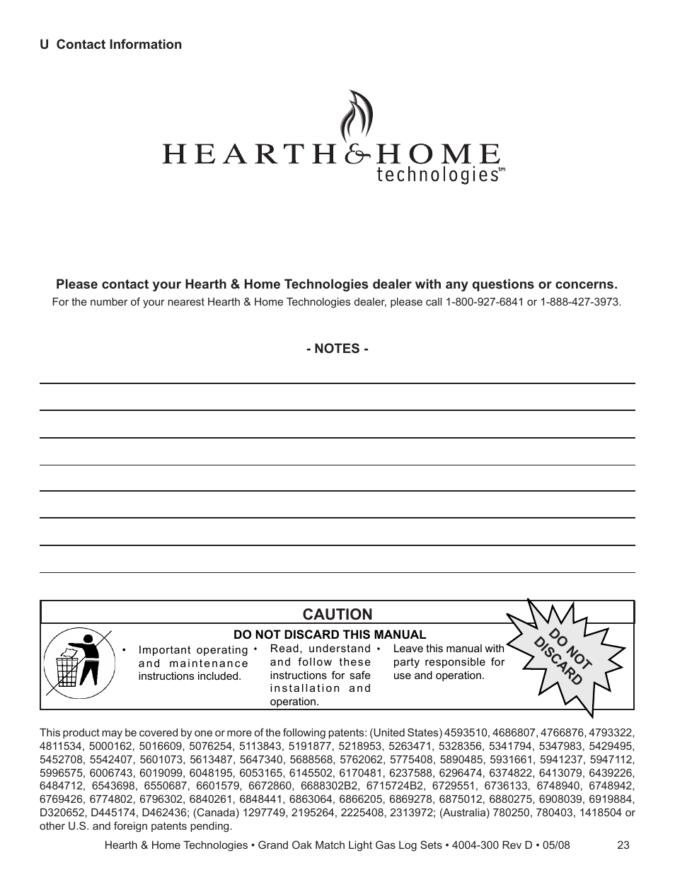 Caution | Hearth and Home Technologies GO35MTCH User Manual | Page 23 / 24