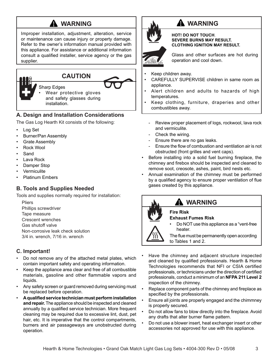 Warning, Caution | Hearth and Home Technologies GO35MTCH User Manual | Page 3 / 24