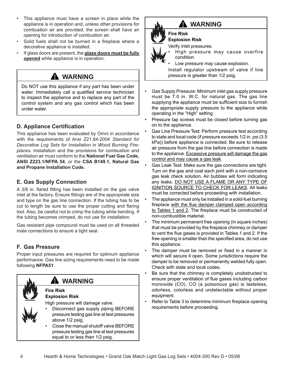 Warning | Hearth and Home Technologies GO35MTCH User Manual | Page 4 / 24