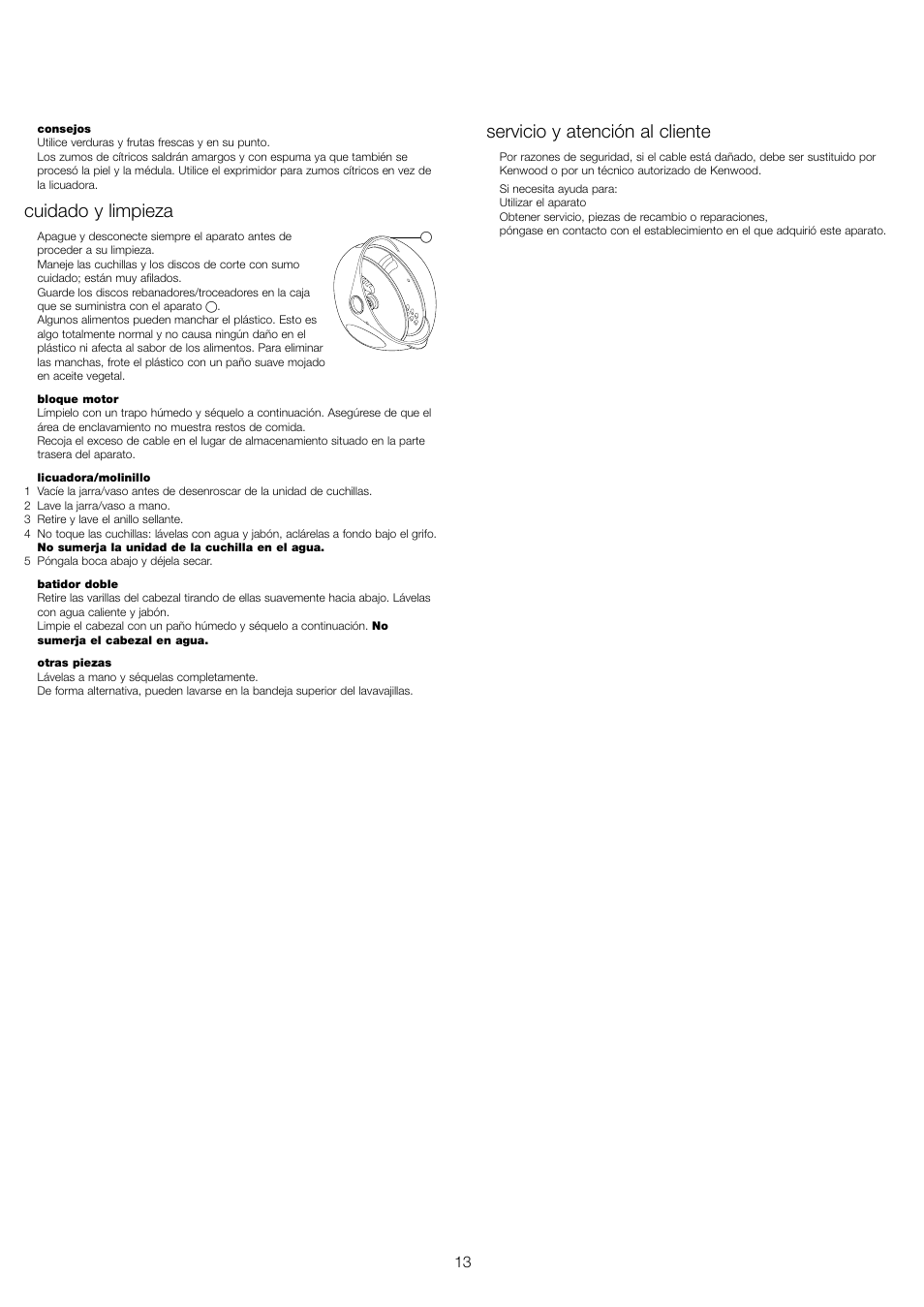Cuidado y limpieza, Servicio y atención al cliente | Kenwood FP680 User Manual | Page 15 / 44