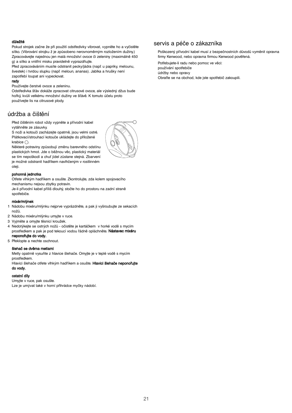 Údržba a čištění, Servis a péče o zákazníka | Kenwood FP680 User Manual | Page 23 / 44