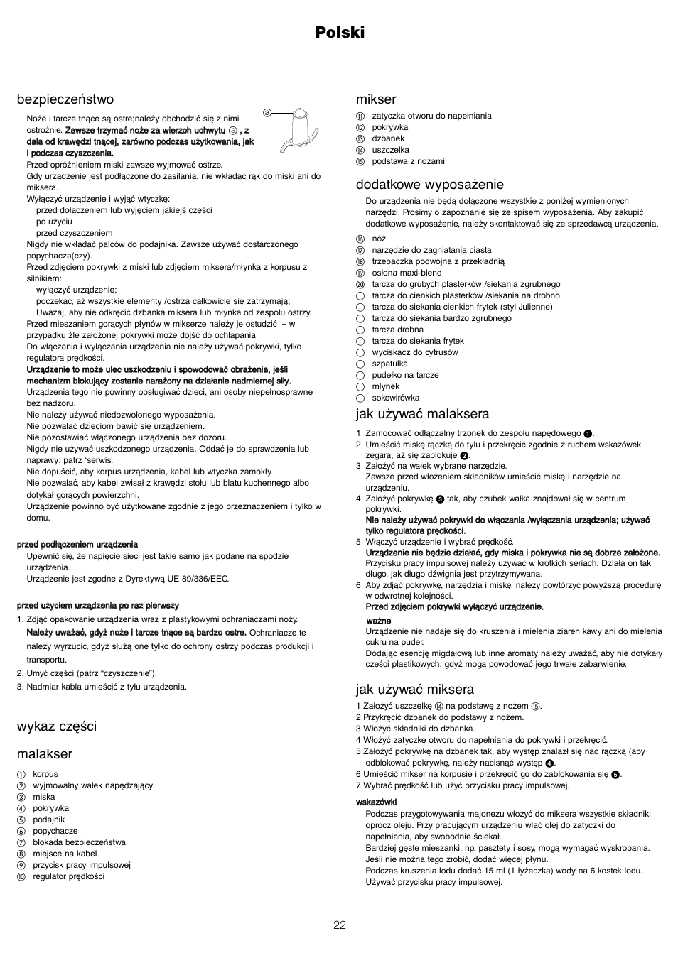 Polski, Mikser, Dodatkowe wyposażenie | Jak używać malaksera, Jak używać miksera, Bezpieczeństwo, Wykaz części malakser | Kenwood FP680 User Manual | Page 24 / 44