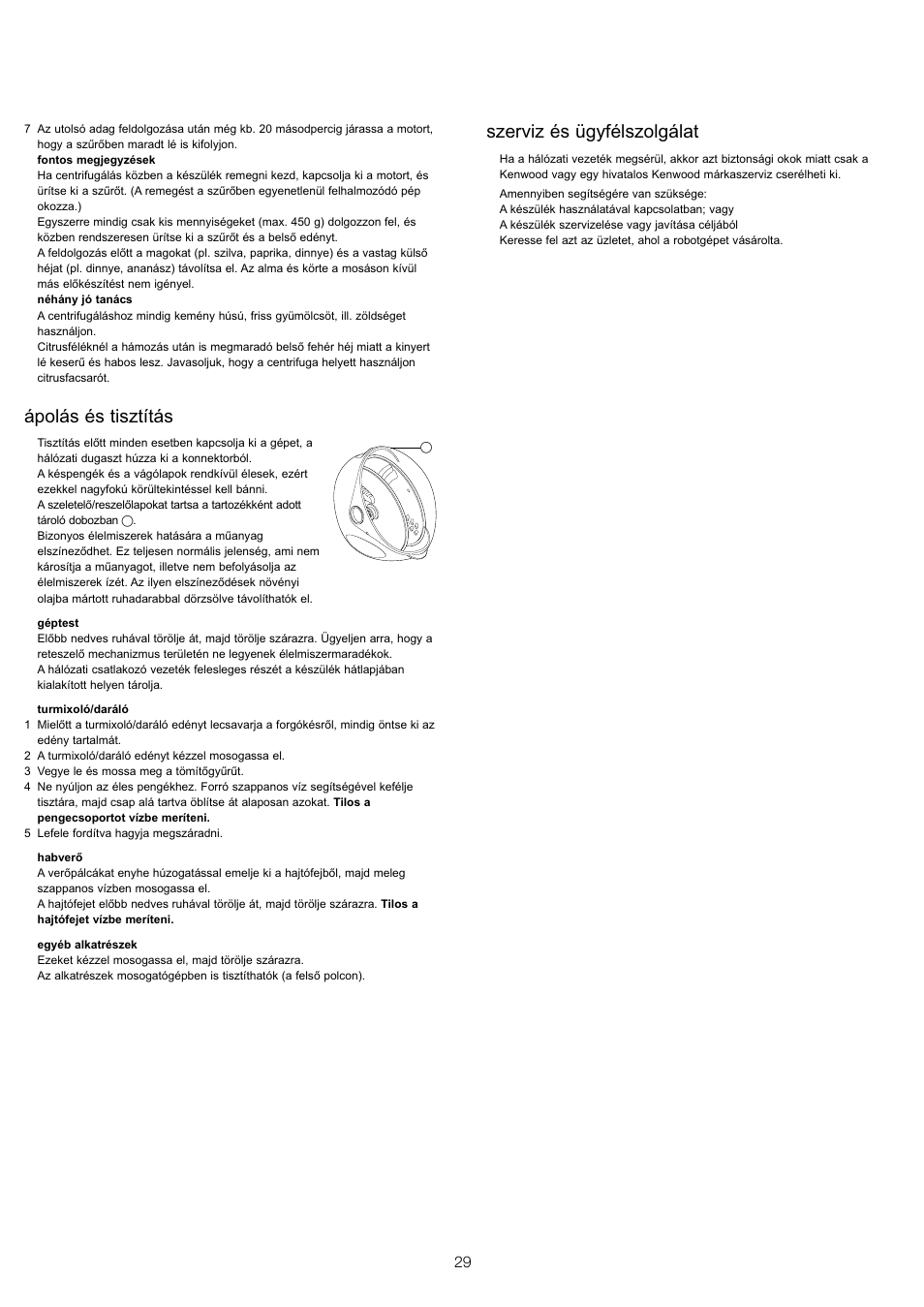 Ápolás és tisztítás, Szerviz és ügyfélszolgálat | Kenwood FP680 User Manual | Page 31 / 44