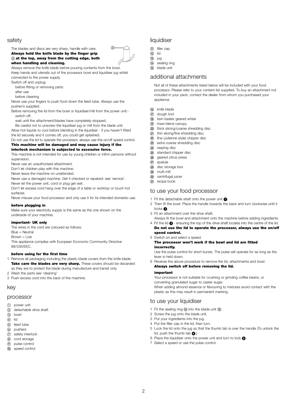 Liquidiser, Additional attachments, Safety | Key processor | Kenwood FP680 User Manual | Page 4 / 44