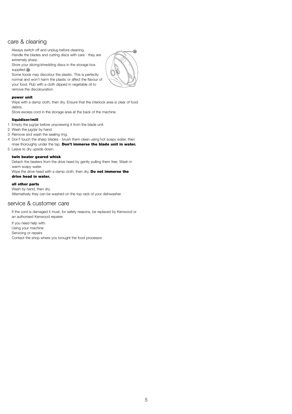 Care & cleaning, Service & customer care | Kenwood FP680 User Manual | Page 7 / 44