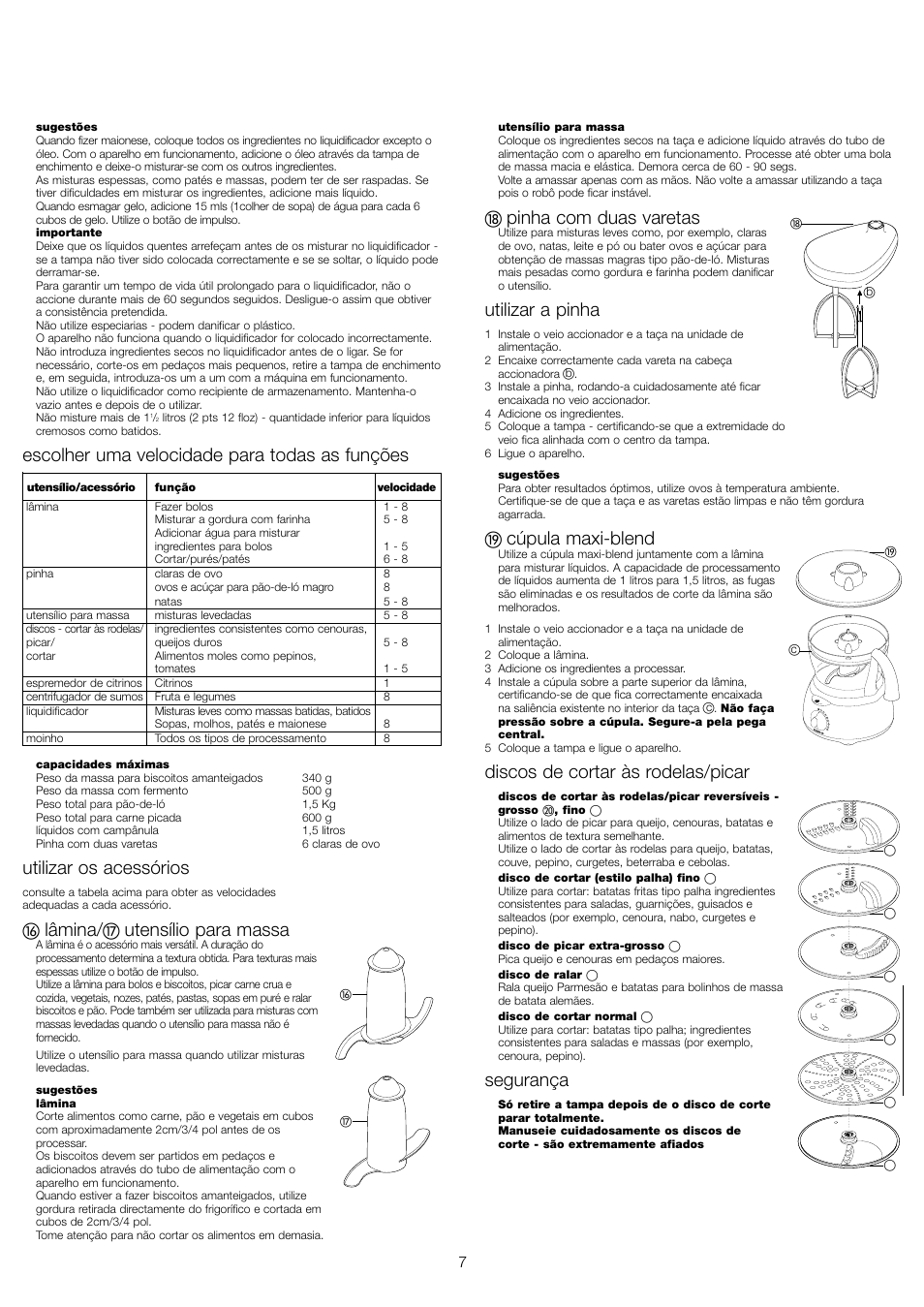 Escolher uma velocidade para todas as funções, Utilizar os acessórios, Lâmina | Utensílio para massa, Pinha com duas varetas, Utilizar a pinha, Cúpula maxi-blend, Discos de cortar às rodelas/picar, Segurança | Kenwood FP680 User Manual | Page 9 / 44