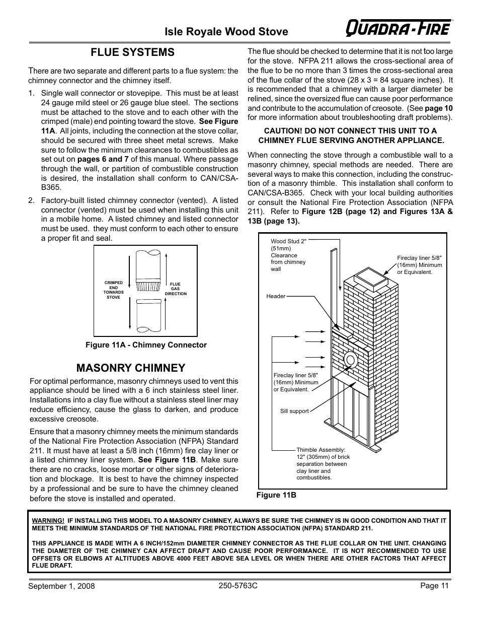 Isle royale wood stove, Flue systems, Masonry chimney | Hearth and Home Technologies 823-0170 User Manual | Page 11 / 32