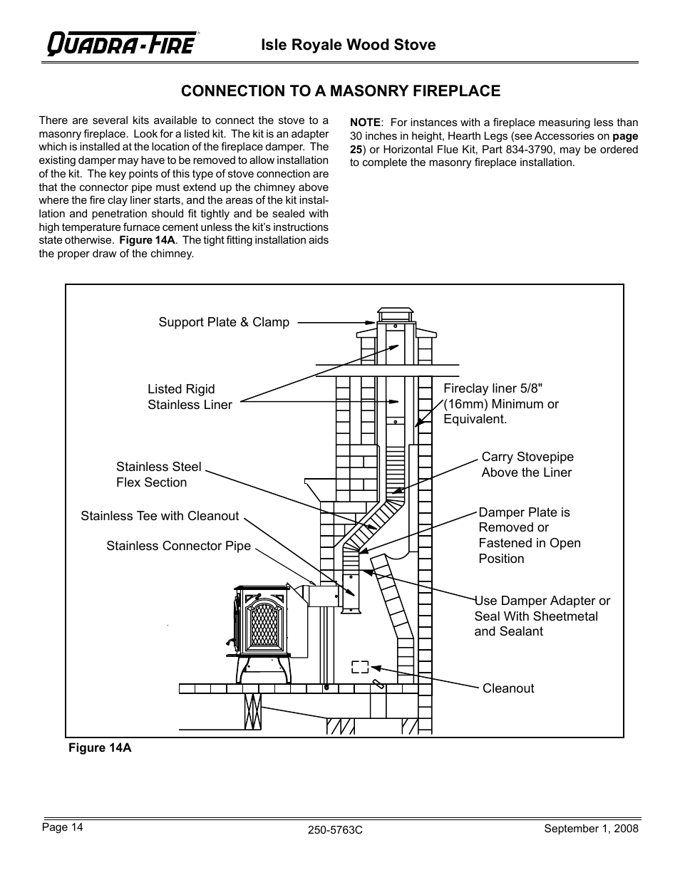 Isle royale wood stove, Connection to a masonry fireplace | Hearth and Home Technologies 823-0170 User Manual | Page 14 / 32