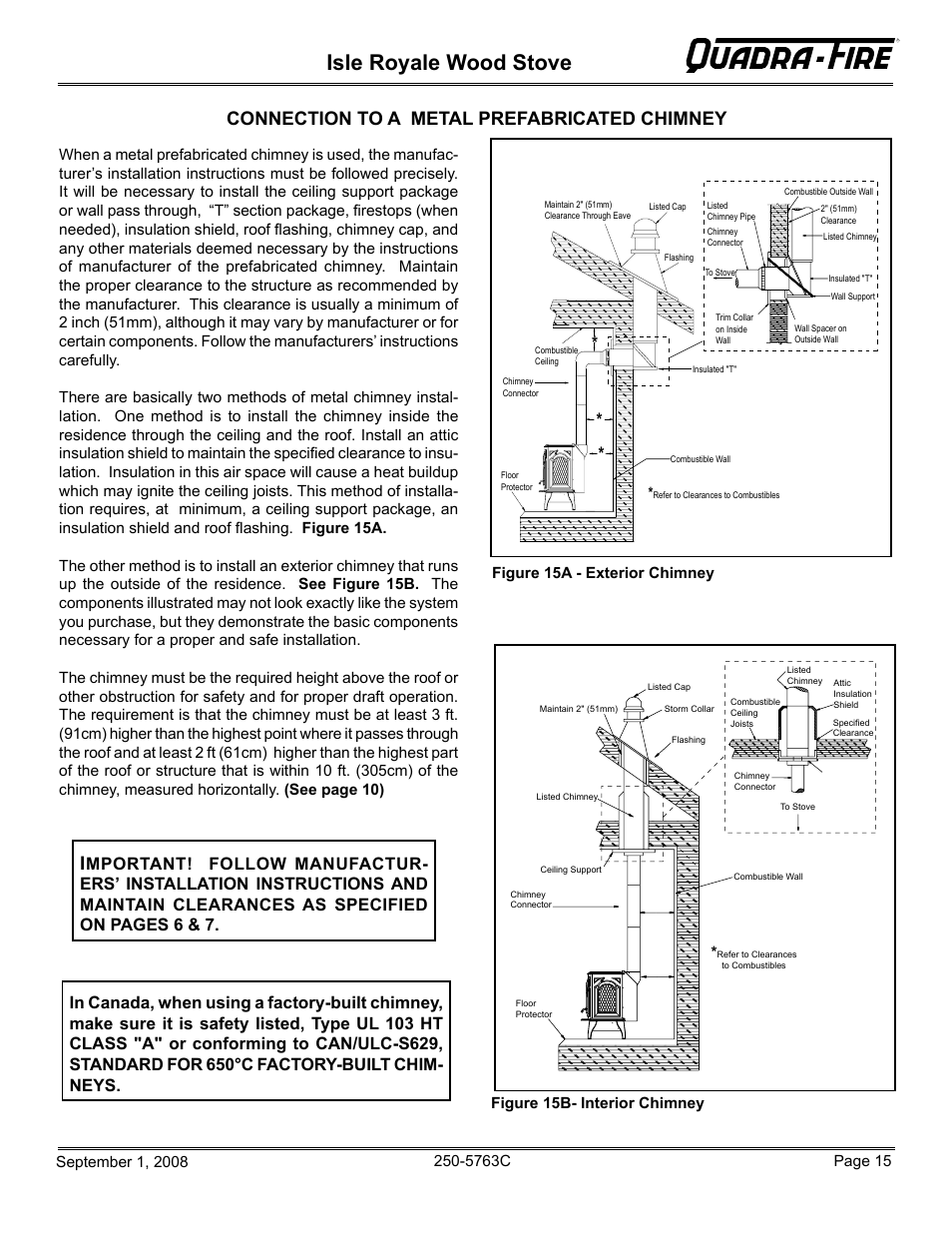 Isle royale wood stove, Connection to a metal prefabricated chimney i | Hearth and Home Technologies 823-0170 User Manual | Page 15 / 32