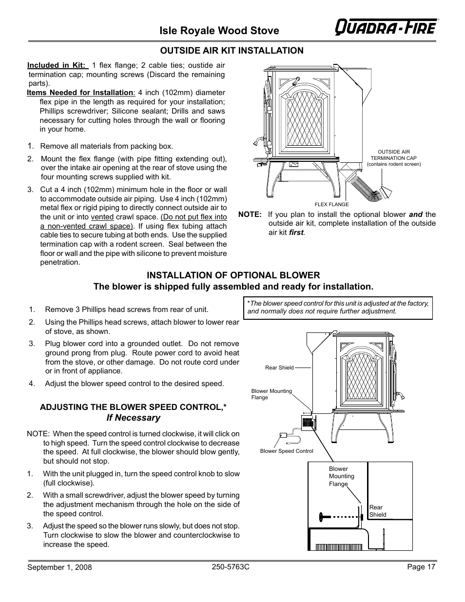 Isle royale wood stove, Outside air kit installation, If necessary | Hearth and Home Technologies 823-0170 User Manual | Page 17 / 32