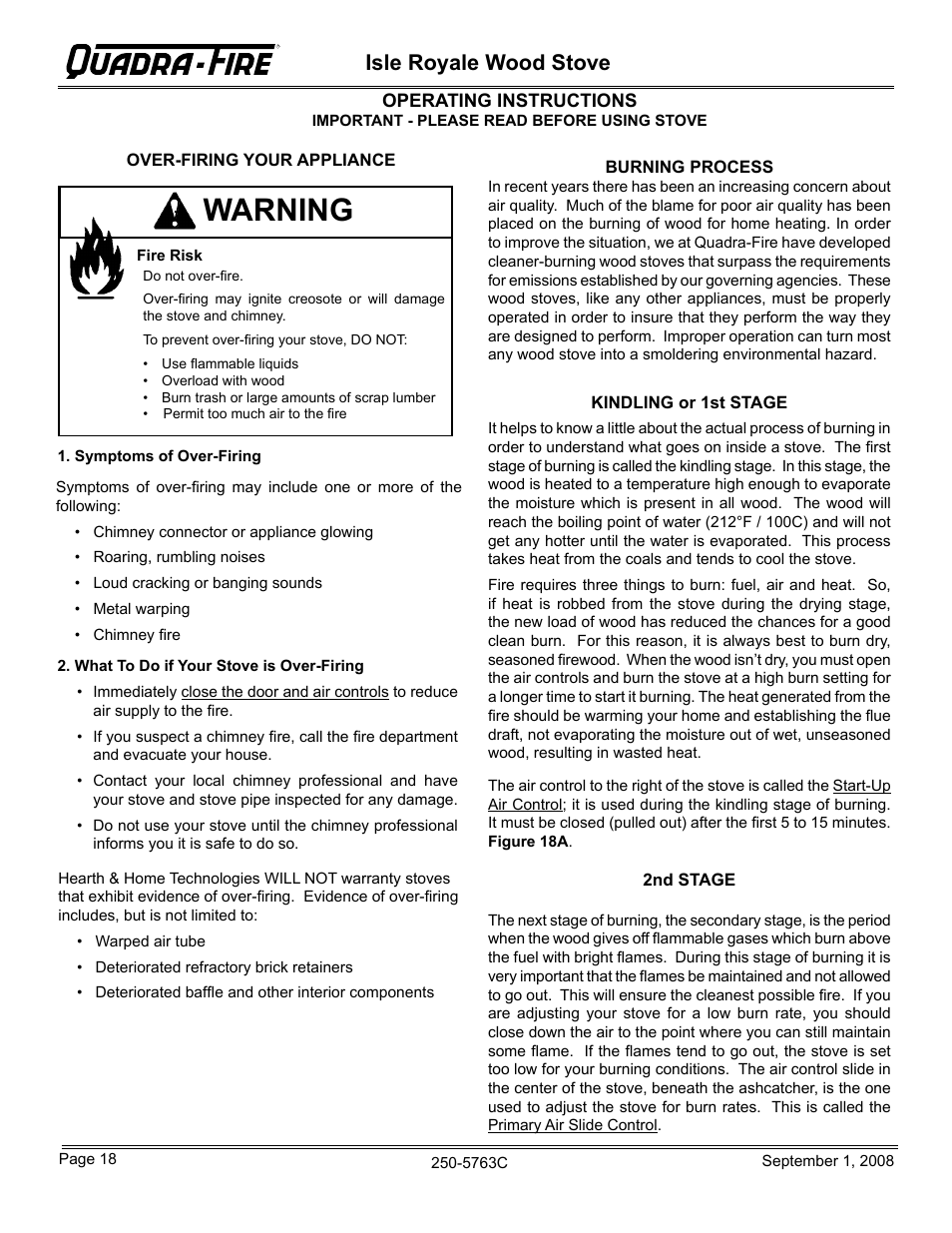Warning, Isle royale wood stove | Hearth and Home Technologies 823-0170 User Manual | Page 18 / 32