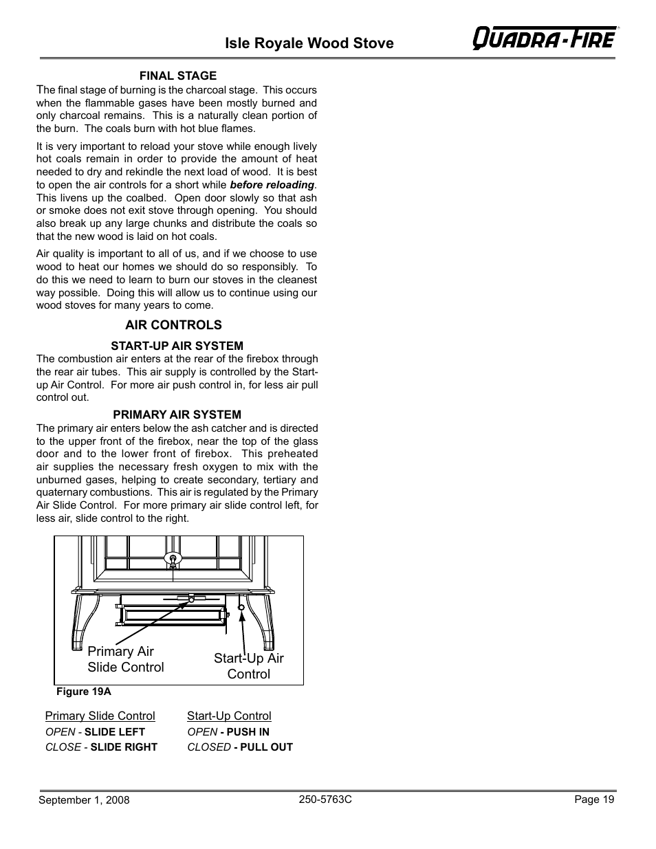 Isle royale wood stove, Primary air slide control start-up air control | Hearth and Home Technologies 823-0170 User Manual | Page 19 / 32