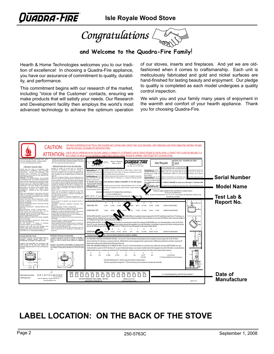 Label location: on the back of the stove, Isle royale wood stove, Caution | Attention, And welcome to the quadra-fire family, 5763c | Hearth and Home Technologies 823-0170 User Manual | Page 2 / 32