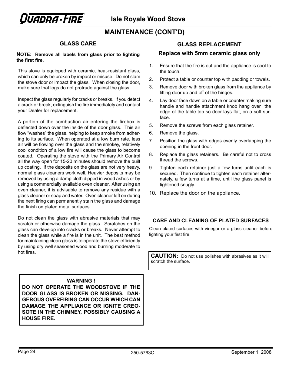 Isle royale wood stove, Maintenance (cont'd) | Hearth and Home Technologies 823-0170 User Manual | Page 24 / 32