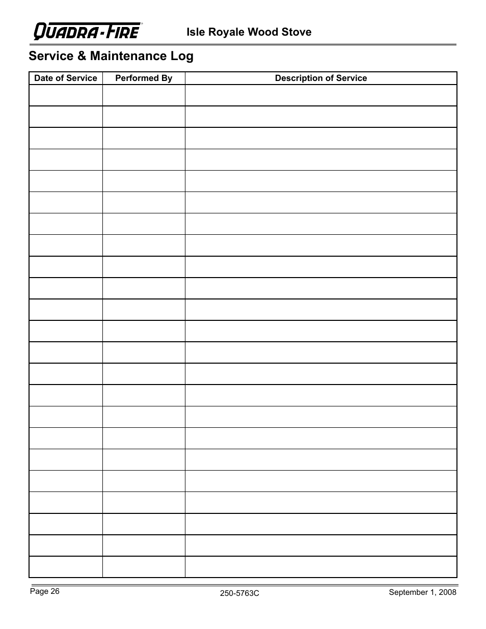 Service & maintenance log, Isle royale wood stove | Hearth and Home Technologies 823-0170 User Manual | Page 26 / 32