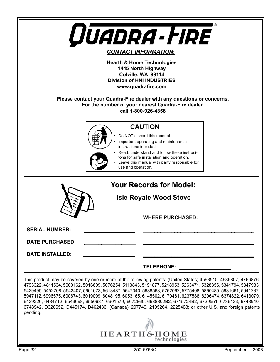 Your records for model, Isle royale wood stove, Caution | Hearth and Home Technologies 823-0170 User Manual | Page 32 / 32